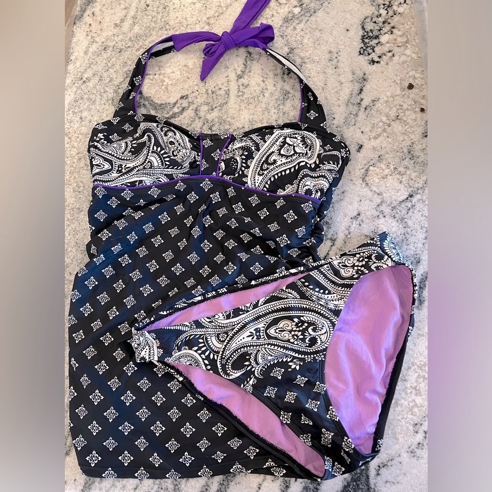 ATHLETA 💜🖤Black & White Paisley Bikini w Purple Highlights & Lining